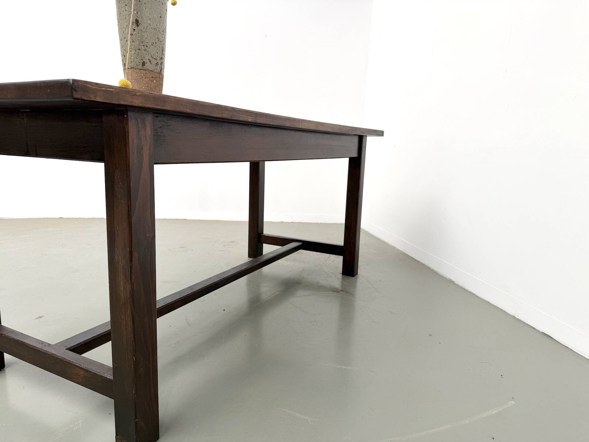 Solid pine work table, grooved top, satin brown finish, year