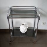 Vintage service with wheels in chrome tubes and 2 trays in gray smoked glass