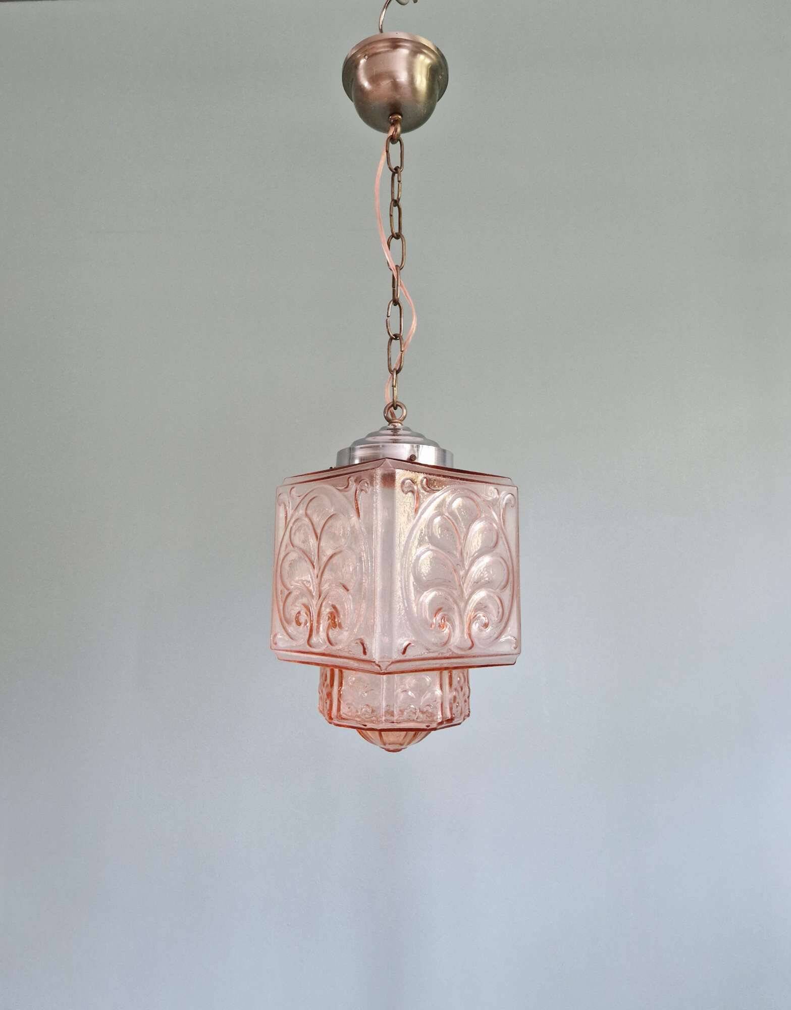 Art Deco pale pink glass pendant light, 1920s-30s