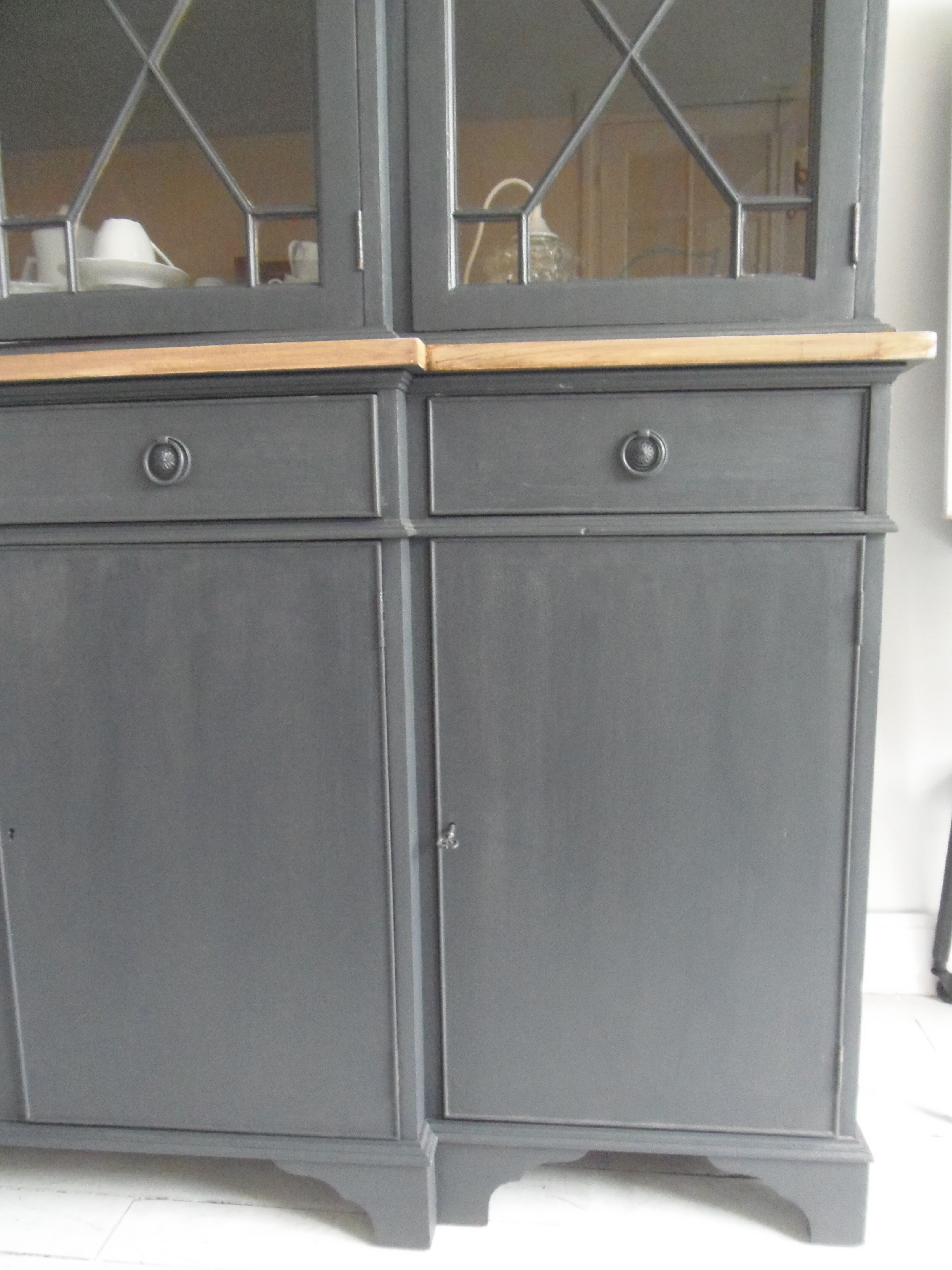 Slate grey china cabinet with wood interior