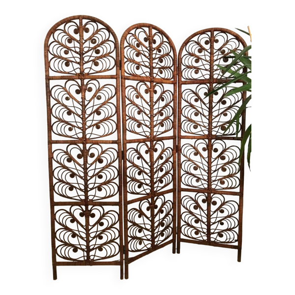 Paravent Peacock Vintage Osier Rotin 3 Volets