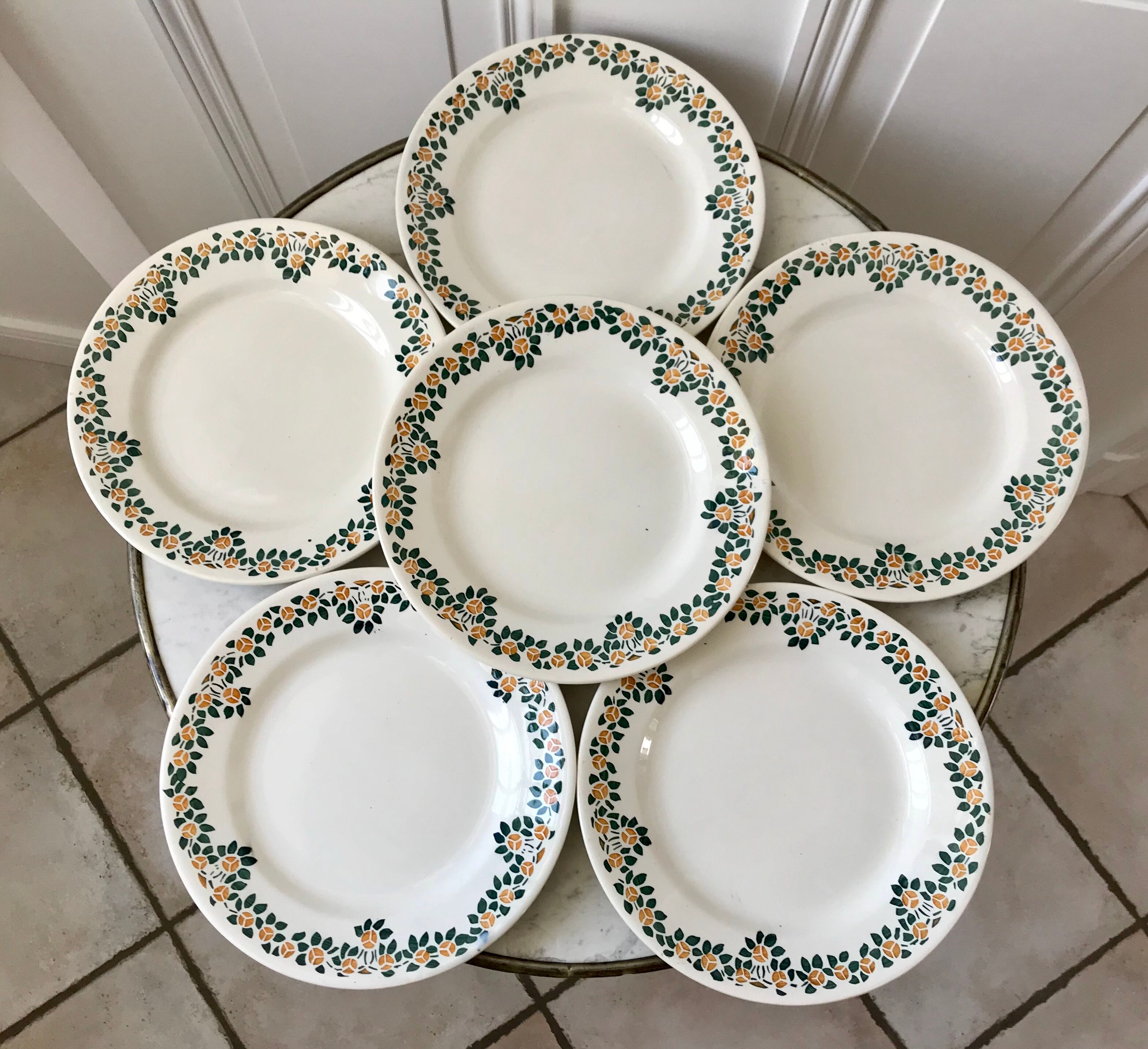 Set of 6 flat plates earthenware New Givors model "RIta" 30s