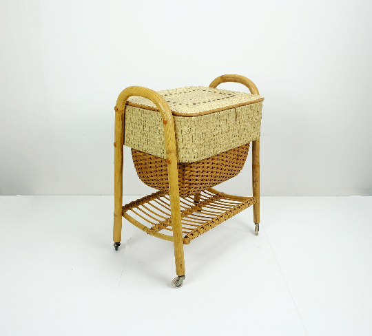 1950s mid century bamboo rattan wicker sewing box or knitting basket