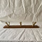 Vintage wooden wall-mounted coat rack with 3 golden cast aluminum hooks