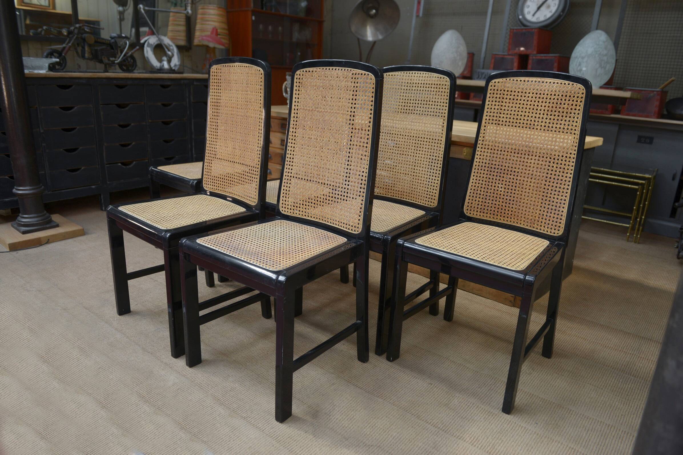 Set of 6 Vintage caned chairs in black lacquered wood, original 1970