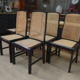 Set of 6 Vintage caned chairs in black lacquered wood, original 1970