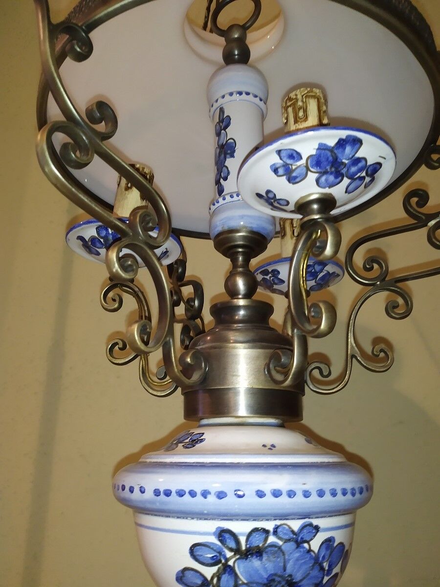Opaline white porcelain blue 3 branch hanging lamp