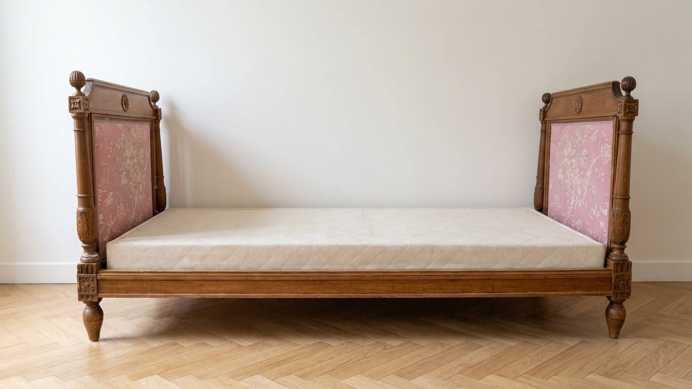 Lit simple ancien en bois et tissu rose