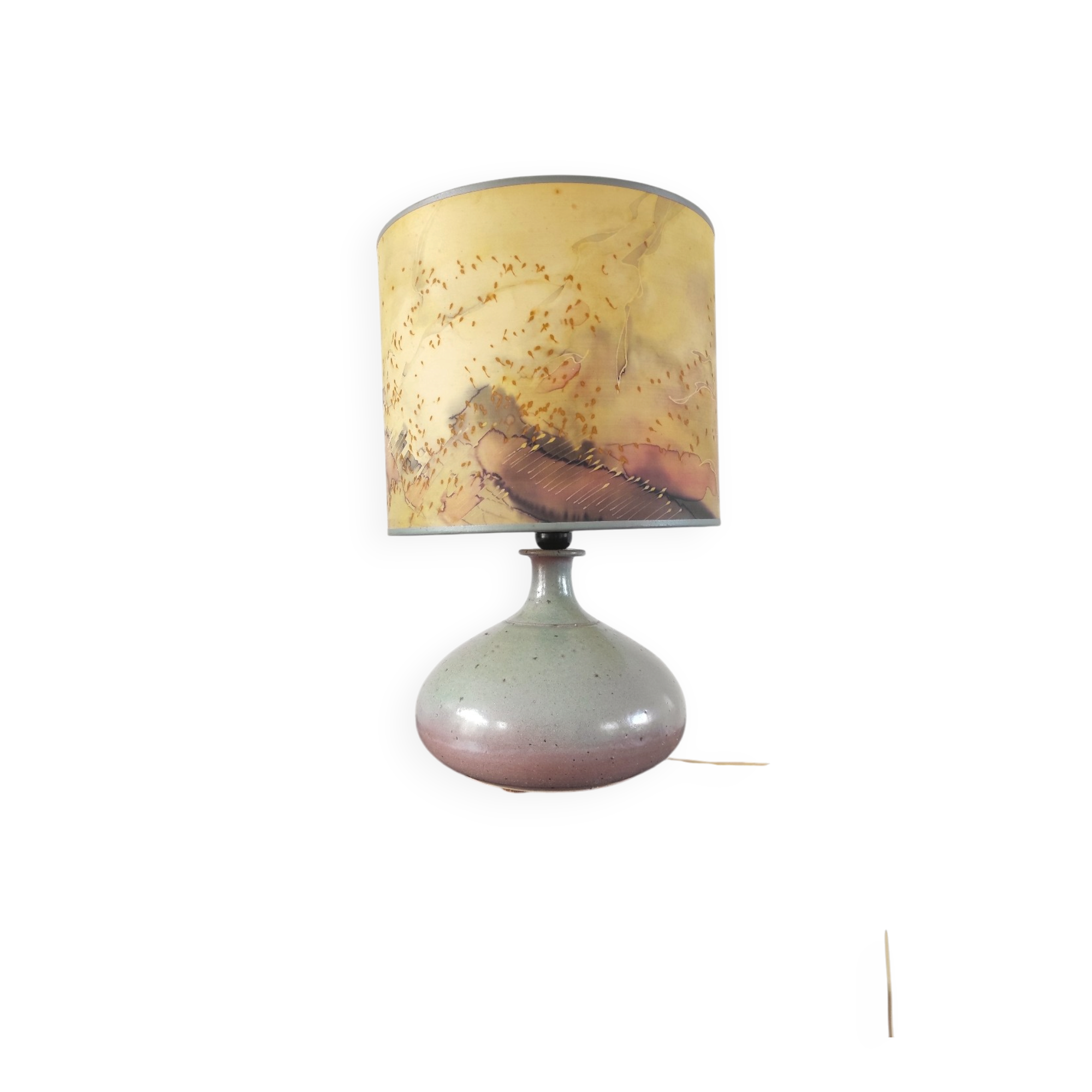 Vintage ceramic lamp signed & hand-painted silk shade 70s