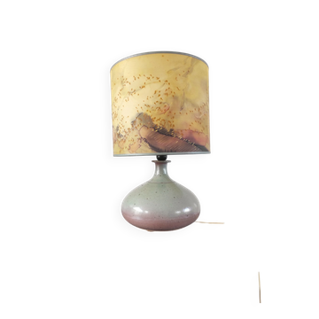 Vintage ceramic lamp signed & hand-painted silk shade 70s