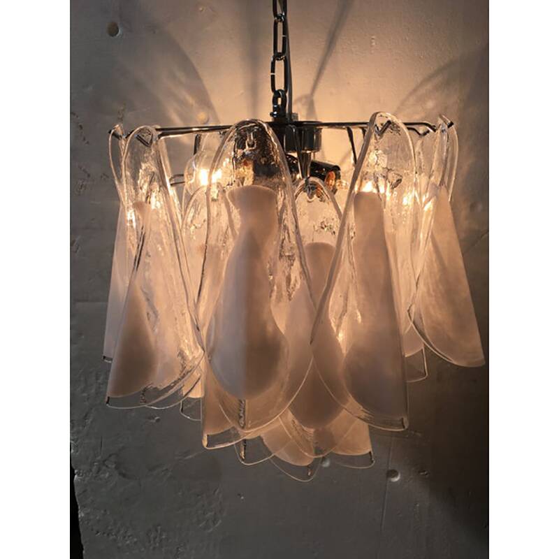 Italian White and Transparent Murano Glass Chrome Metal Frame Chandelier Sputnik