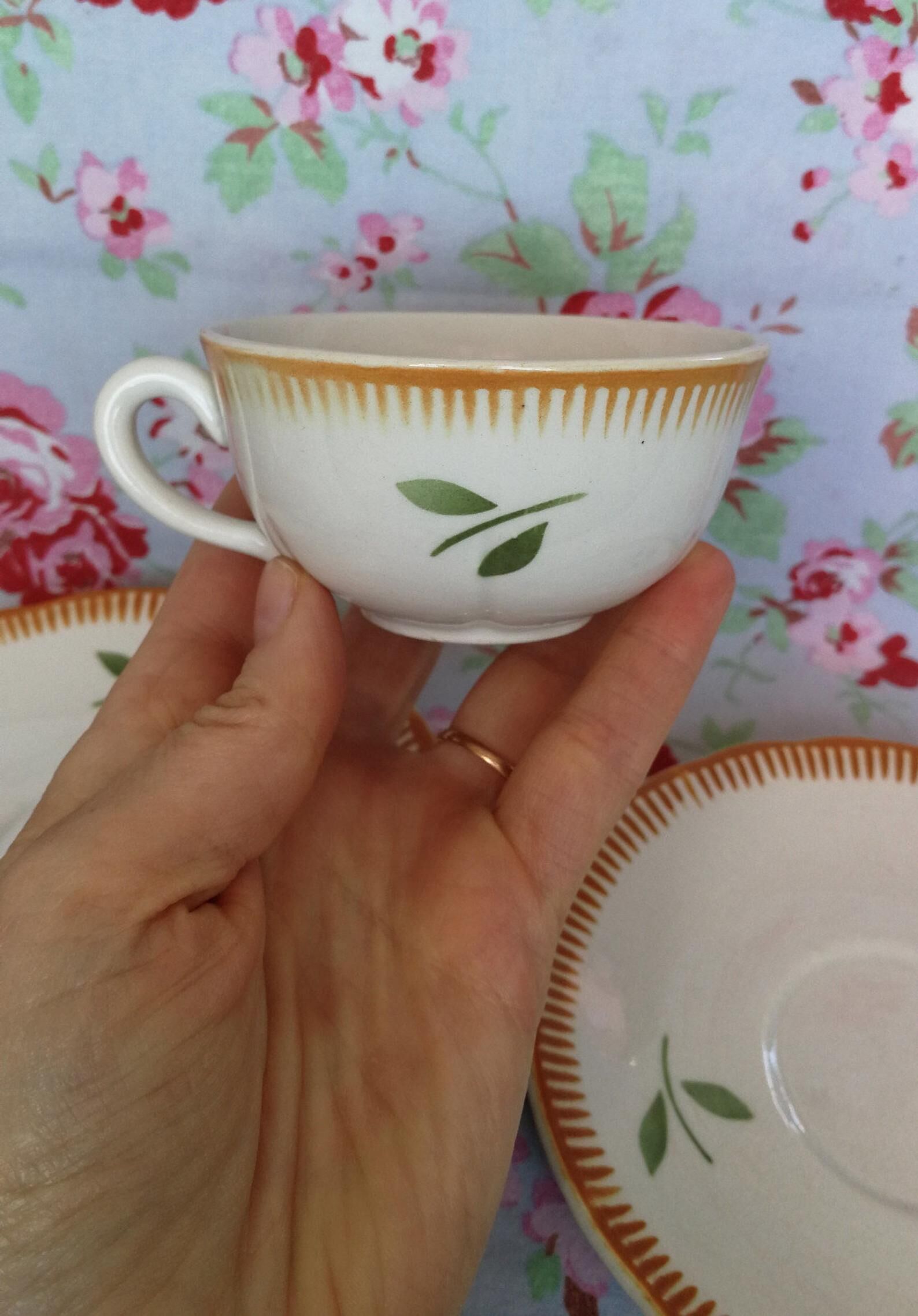 2 Old Badonviller Orange and Green Flower Cups and Sauces - Coffee or Tea Service for 2