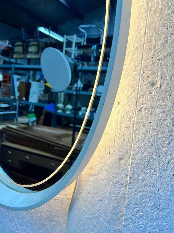 Vintage Oval Mirror with Lighting in Wooden Frame, Hillebrand Germany 1970s