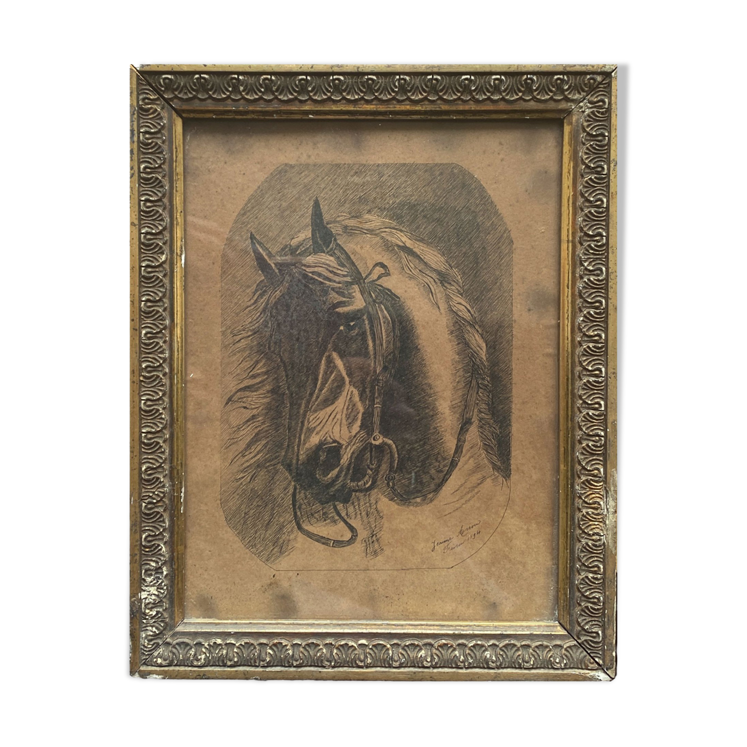 Painting "Portrait of horse" by Jeanne Arrow dated 1894 frame