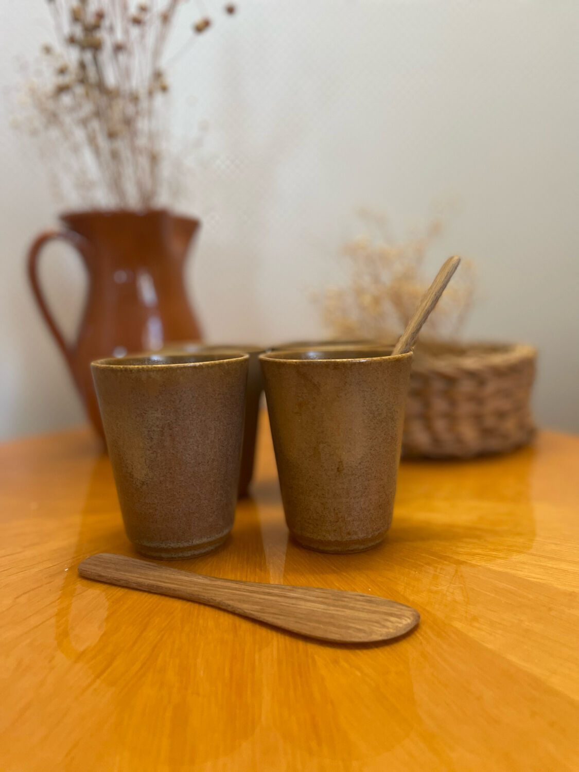 Set of 4 Digoin stoneware cups, glasses and wooden spoons