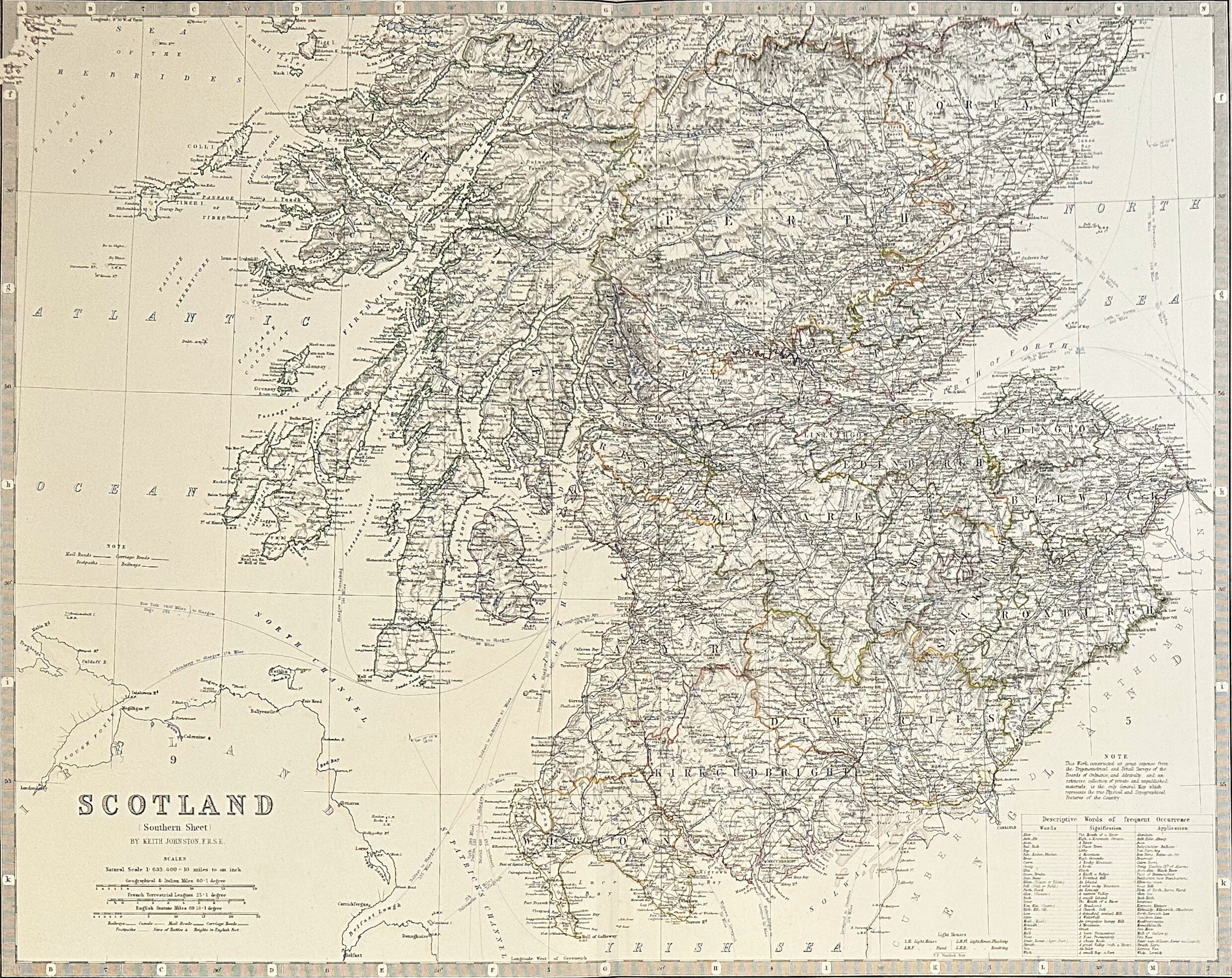 Map of Southern Scotland c1869 Keith Johnston Royal Atlas Hand coloured map