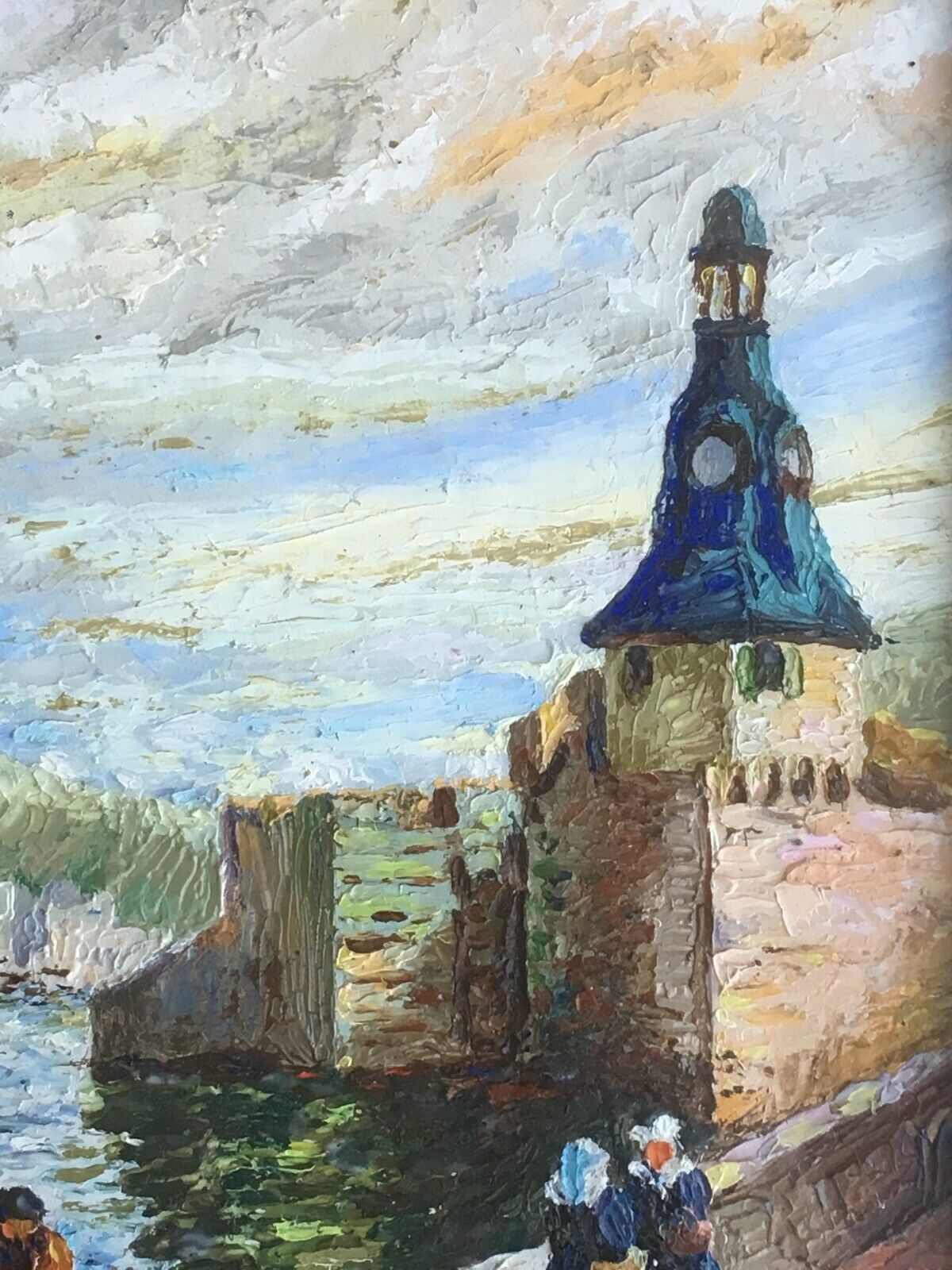 Painting Oil on Isorel Signed Landscape Breton Brittany Port Boat Character XX ème