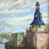 Painting Oil on Isorel Signed Landscape Breton Brittany Port Boat Character XX ème