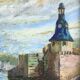 Peinture huile sur isorel signée paysage breton Bretagne port bateau personnage xx ème