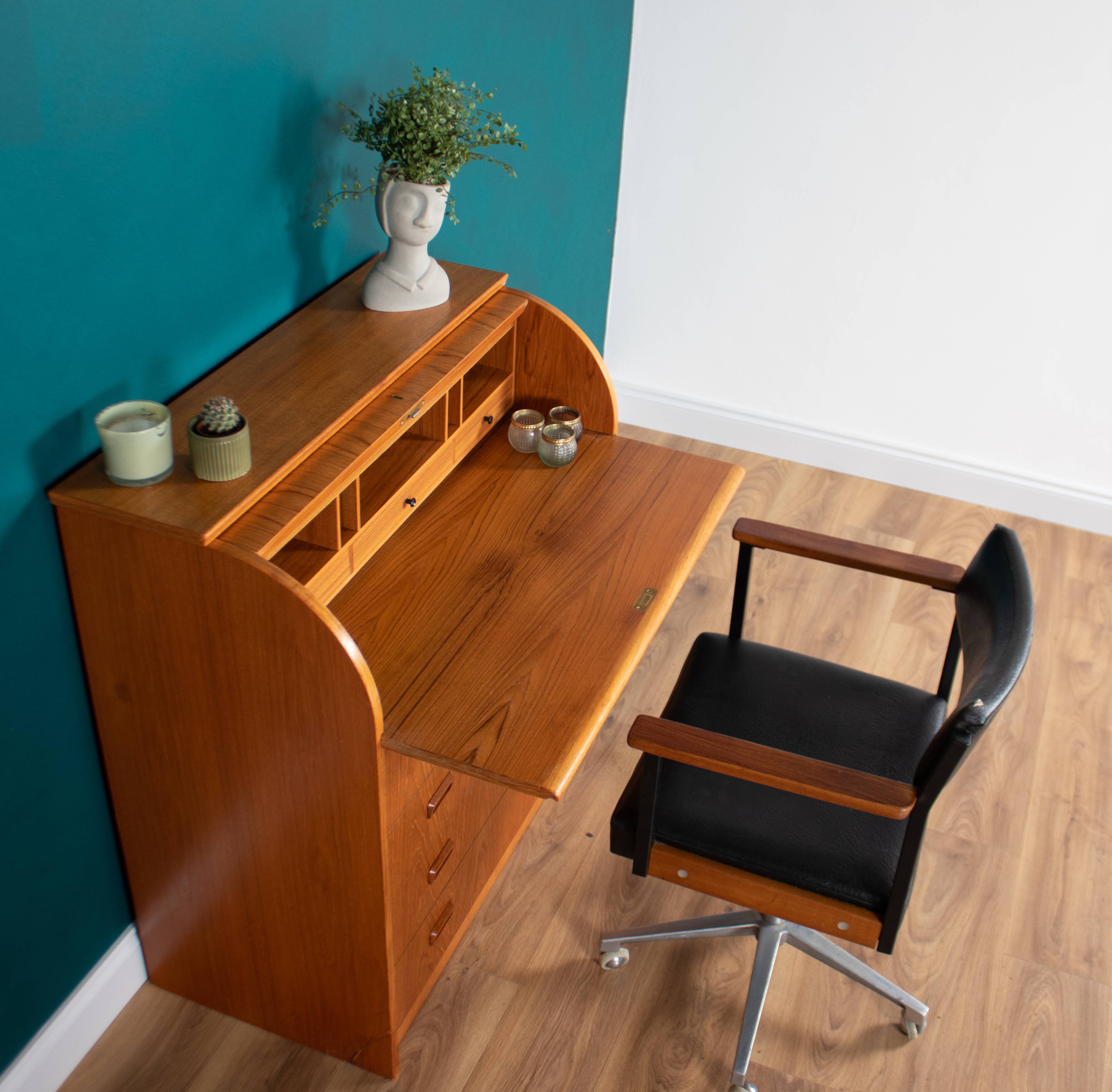 Retro Teak 1960s Danish Tambour Front Roll Top Bureau Writing Desk