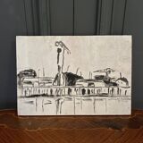 Drawing on panel representing the port of Nantes mid-20th century