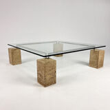 Glass and travertine coffee table by Piero De Longhi for Catalan Italia, 1980s