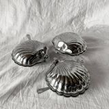 Set of 3 vintage shell butter dishes in stainless steel and cobalt blue glass