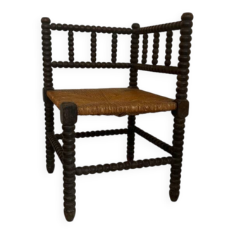 Antique wood and straw fireside seat