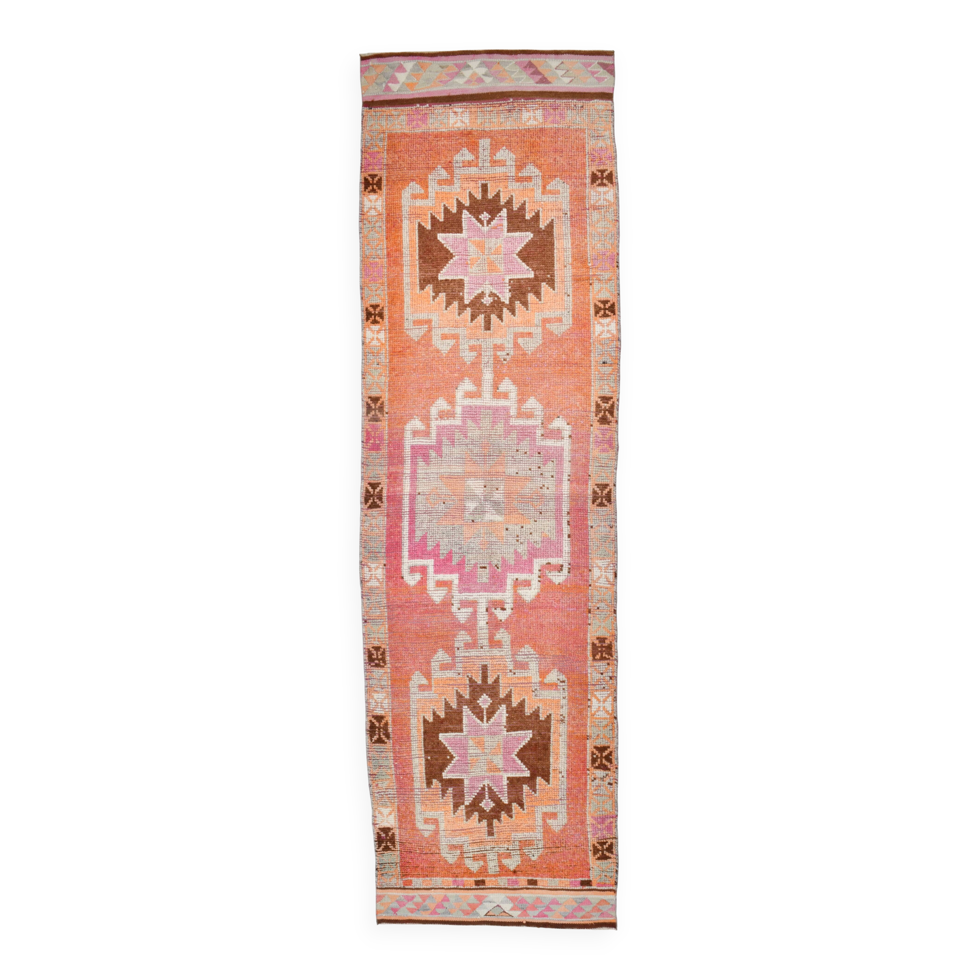 Soft Orange & Pink Star Pattern Handmade Wool Runner Rug, 99x338 Cm