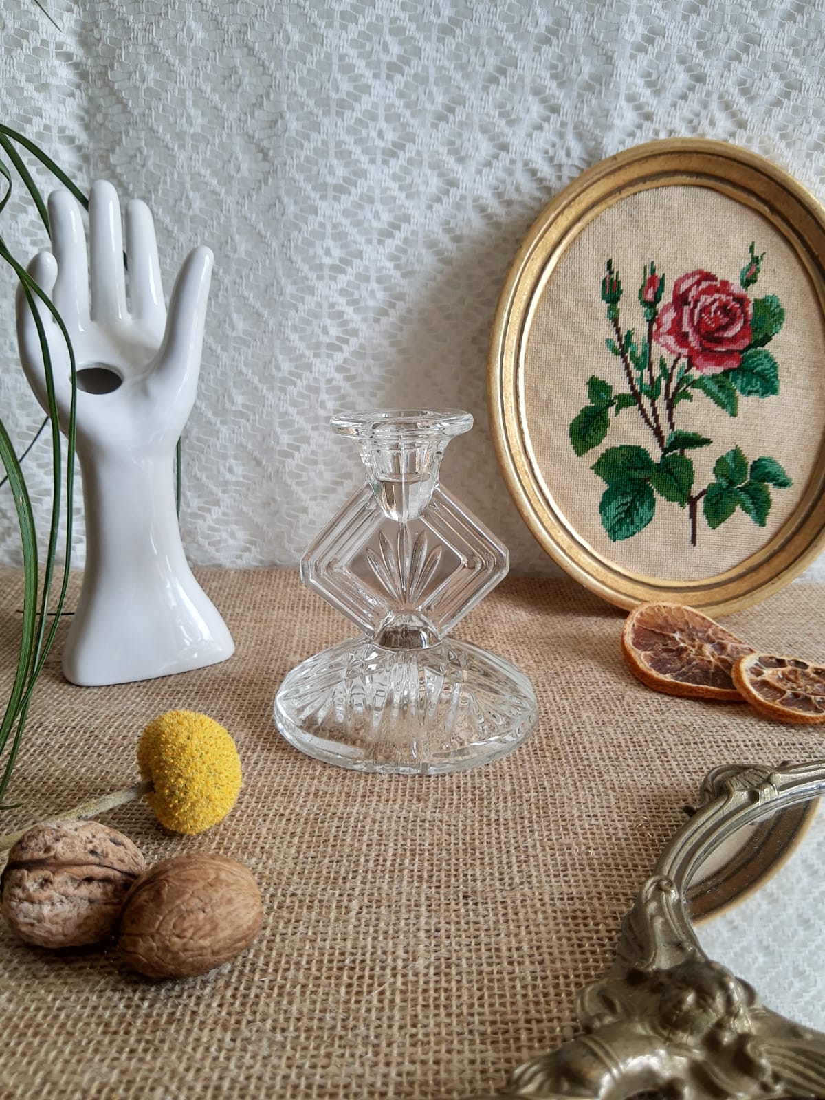 Art Deco chiseled glass candle holder - vintage