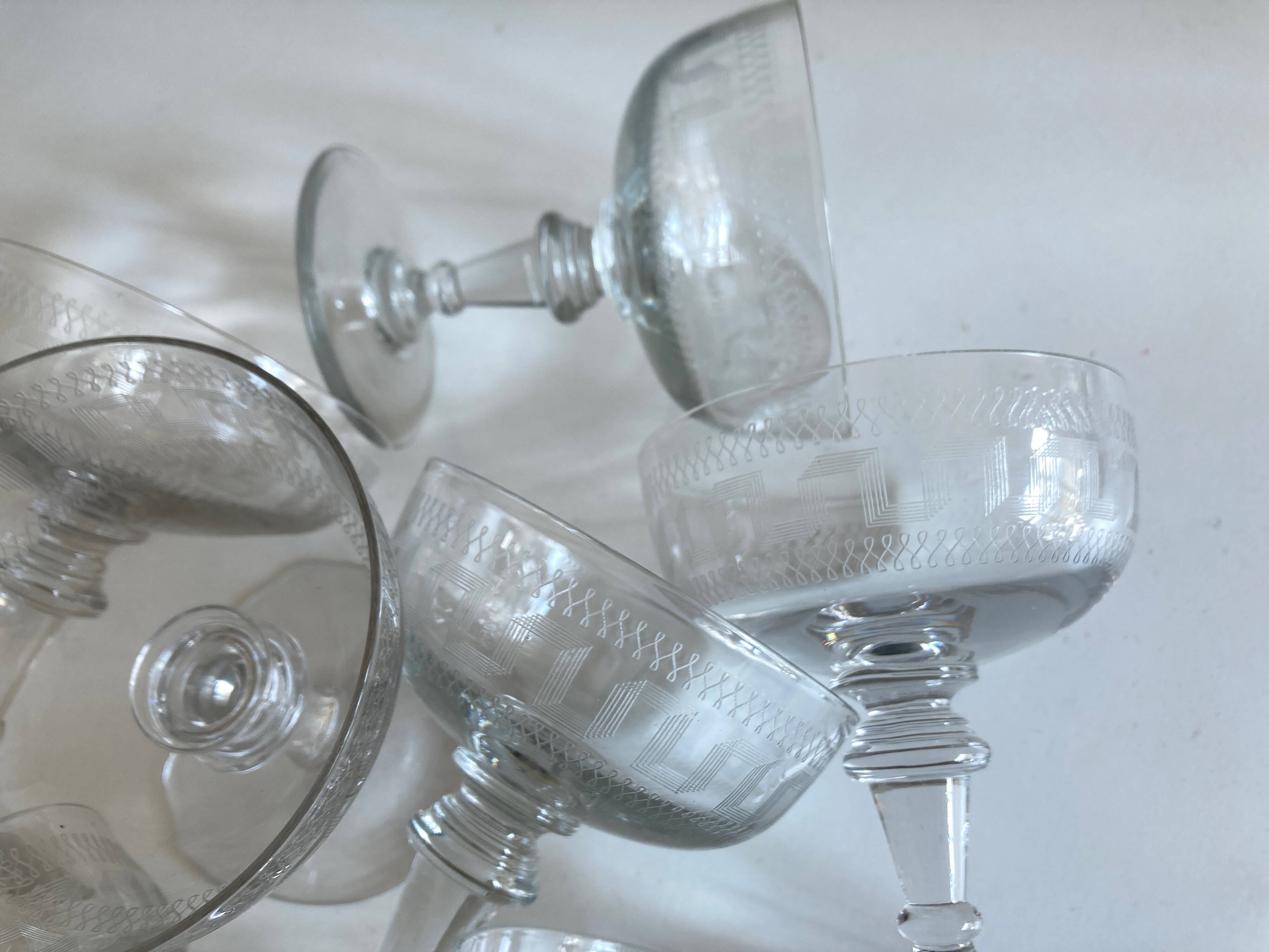 set of 8 neo classic engraved half crystal champagne glasses 1900