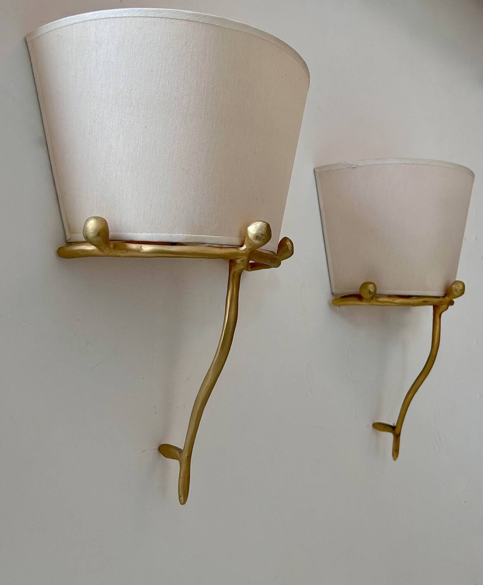 Pair of vintage wall lights, solid brass and ecru fabric, France 1980