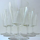 Suite of six art-deco glasses with red wine in modernist shape in cut crystal