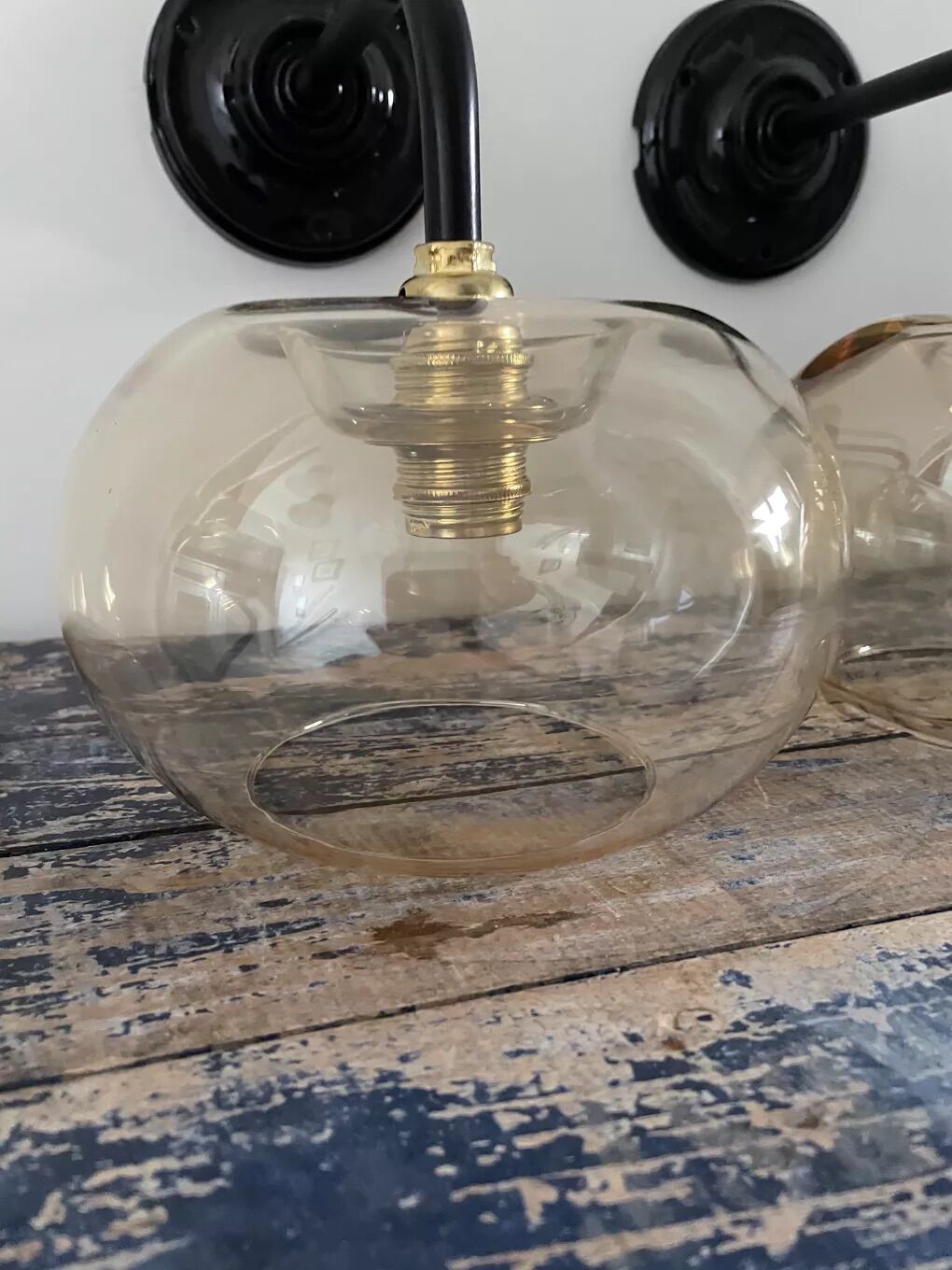 Pair of vintage electrified smoked glass wall lamps