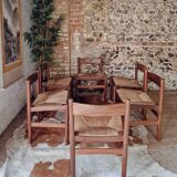 Chaises de salle à manger rustiques en teck et jonc de style français du milieu du siècle (x6)