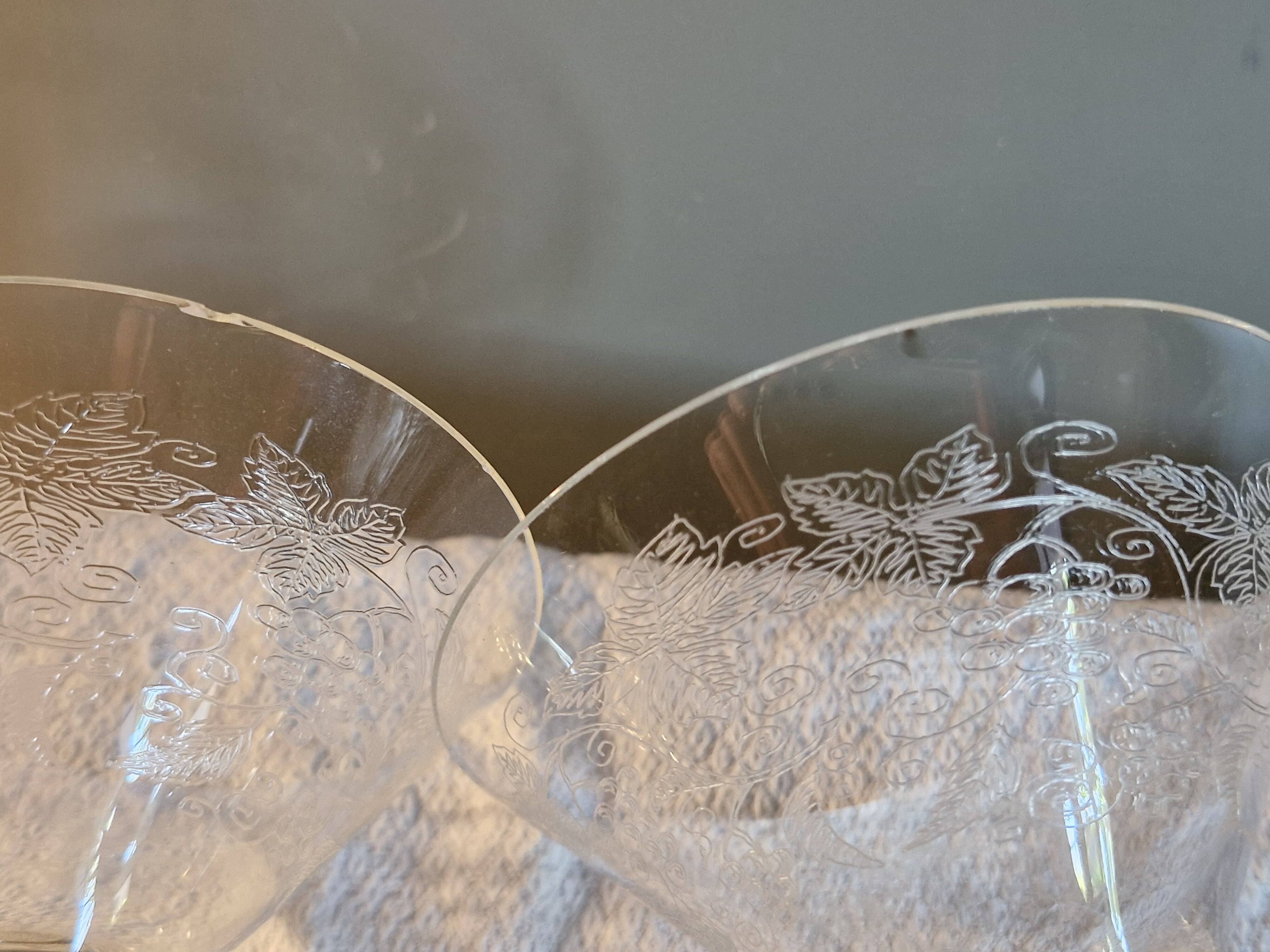 7 Art Deco crystal champagne coupes, grape clusters (+ 2 gifts)