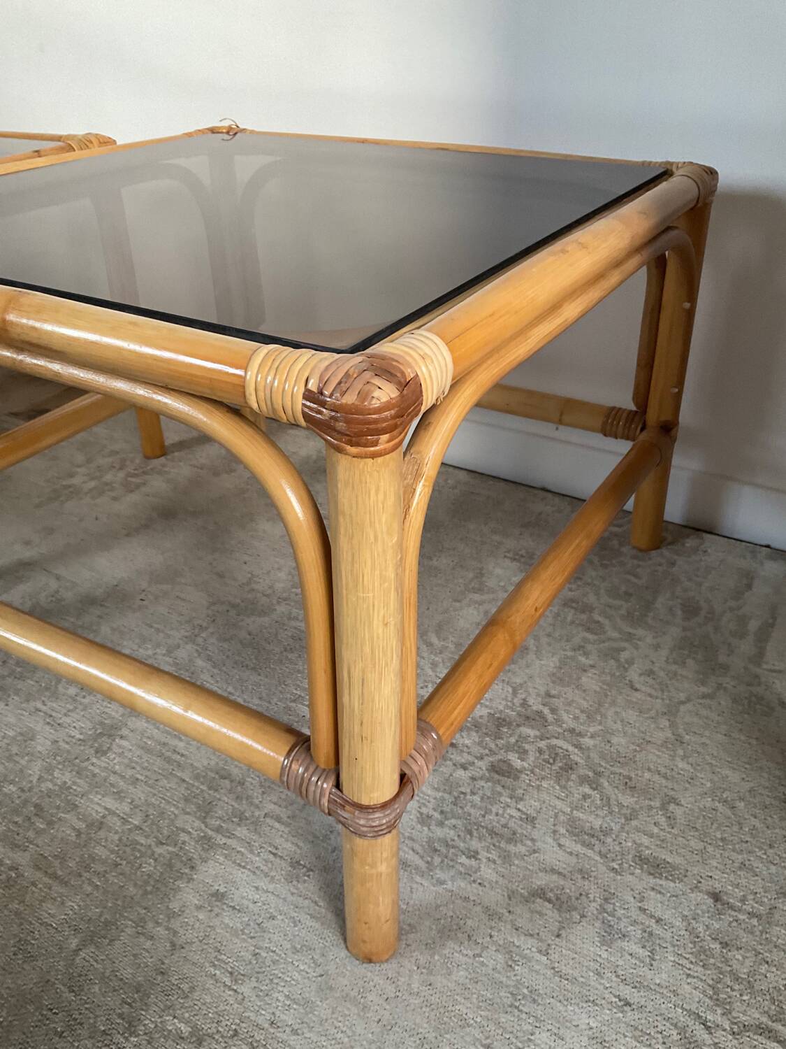 Duo of vintage rattan coffee tables from the 60s-70s