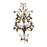 Extra Large Italian Tole Wall Light Sconce with Murano Glass Flowers