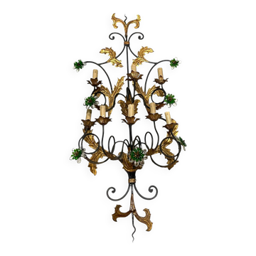 Extra Large Italian Tole Wall Light Sconce with Murano Glass Flowers