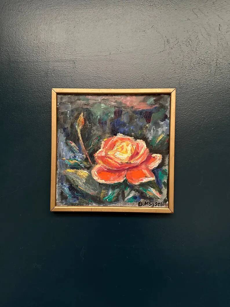 Original Swedish Oil on Canvas – “Yellow Rose” by B. Högsk – Signed – Vintage & Framed – 33 × 33 cm (13" × 13")