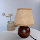 Dark ball wood table lamp, jute lampshade, 1970