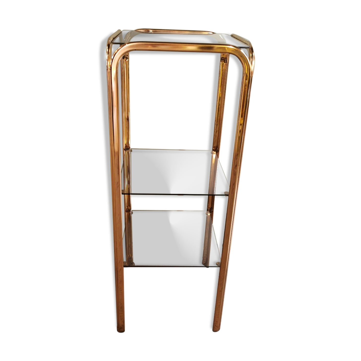 Étagère vintage métal doré et verre fumé