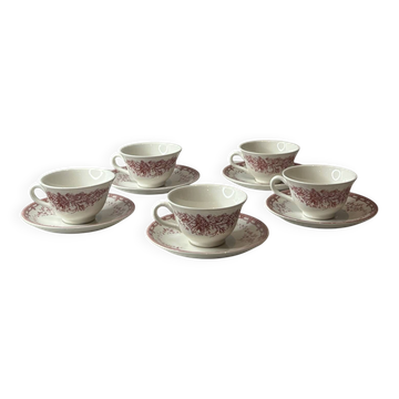 Set of 5 cups and saucers Sarreguemines with red rose decoration.