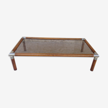 Table basse design vintage années 70 bois et verre fumé
