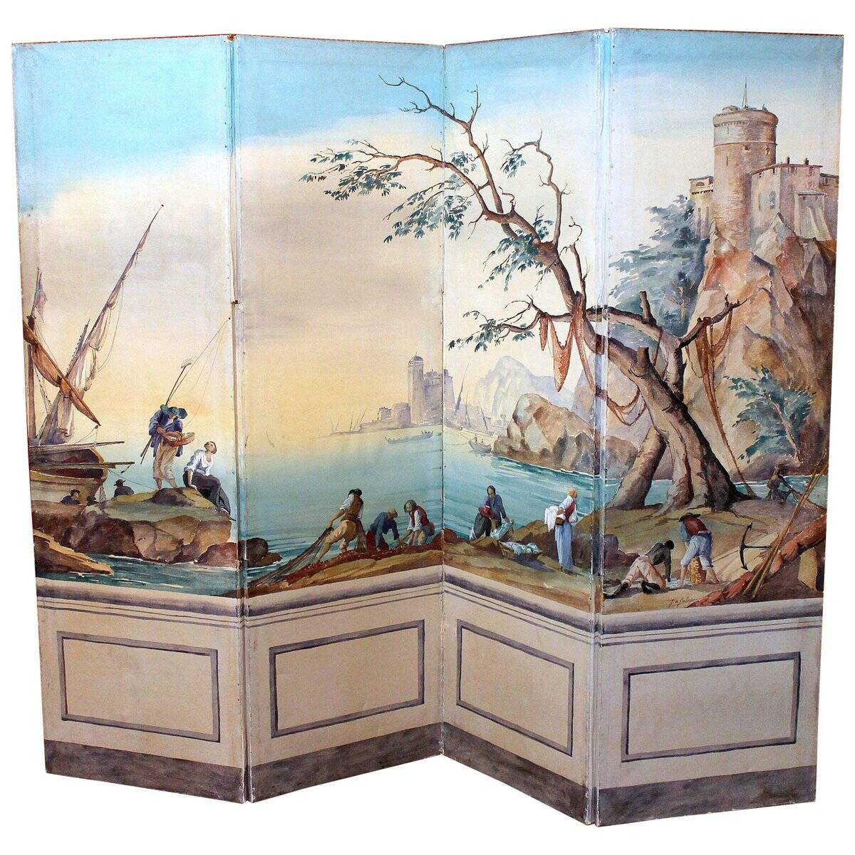 Early 20th Century French Tempera on Canvas Folding Screen with Seascape View