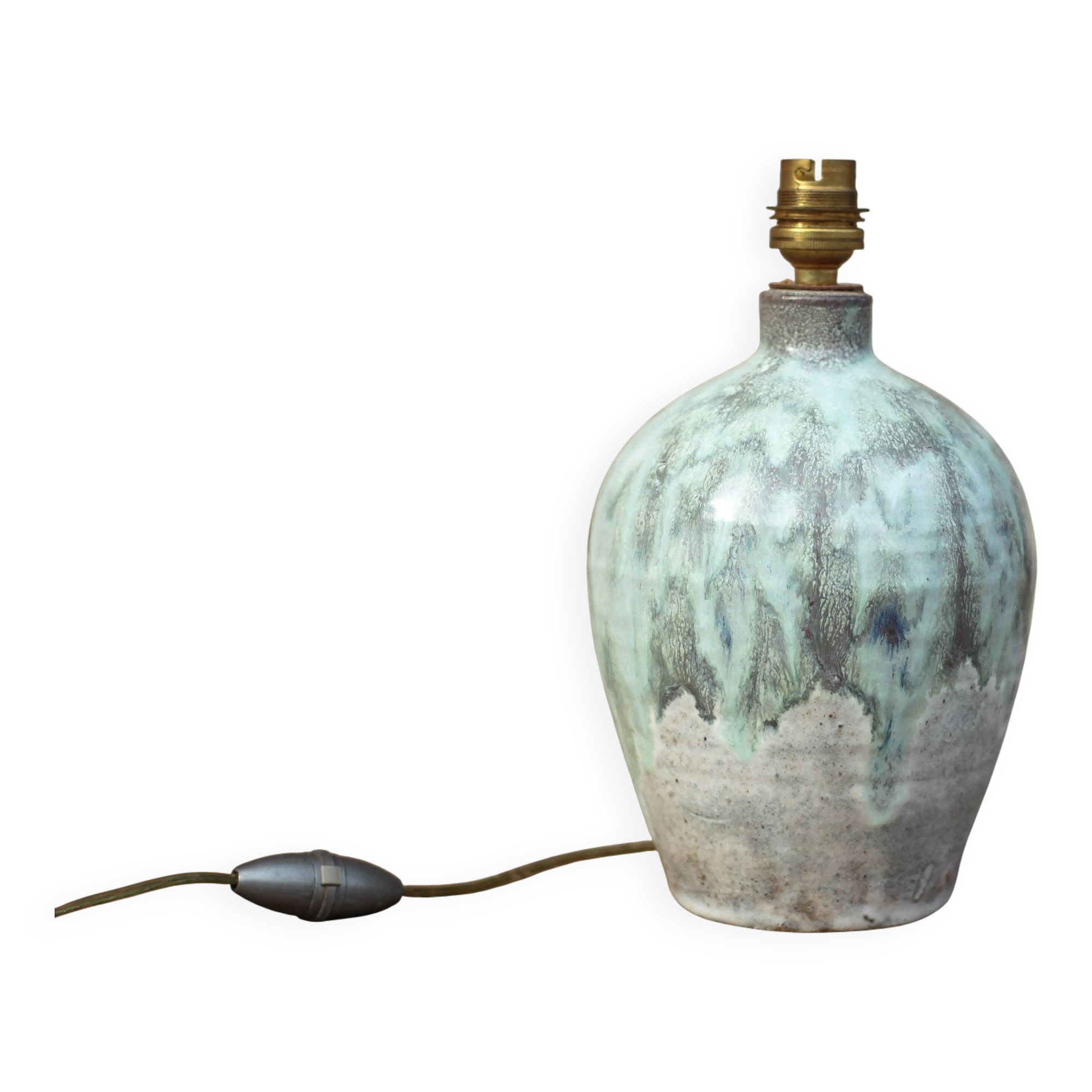 Vintage blue/grey glazed stoneware lamp, round lamp base, lamp stand.