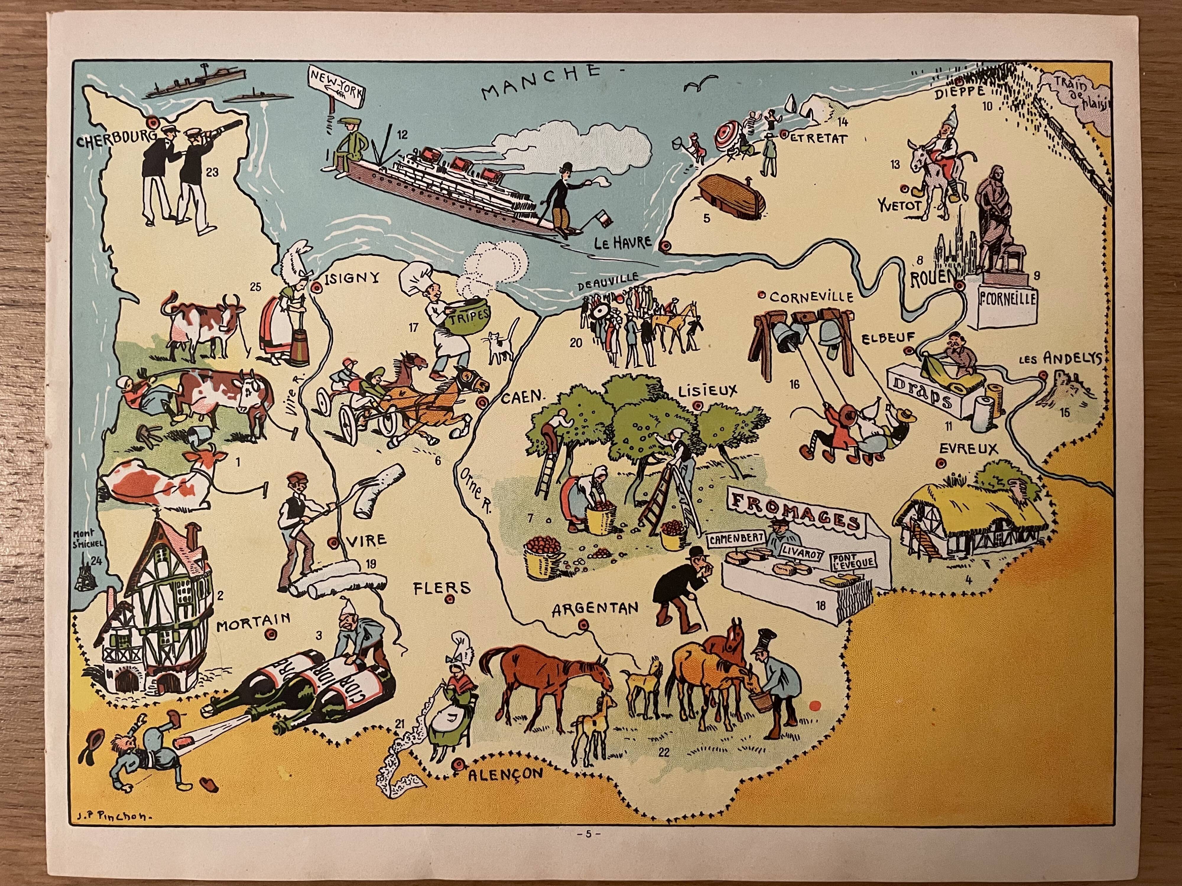 Old illustrated map of Normandy 1935 - JP Pinchon