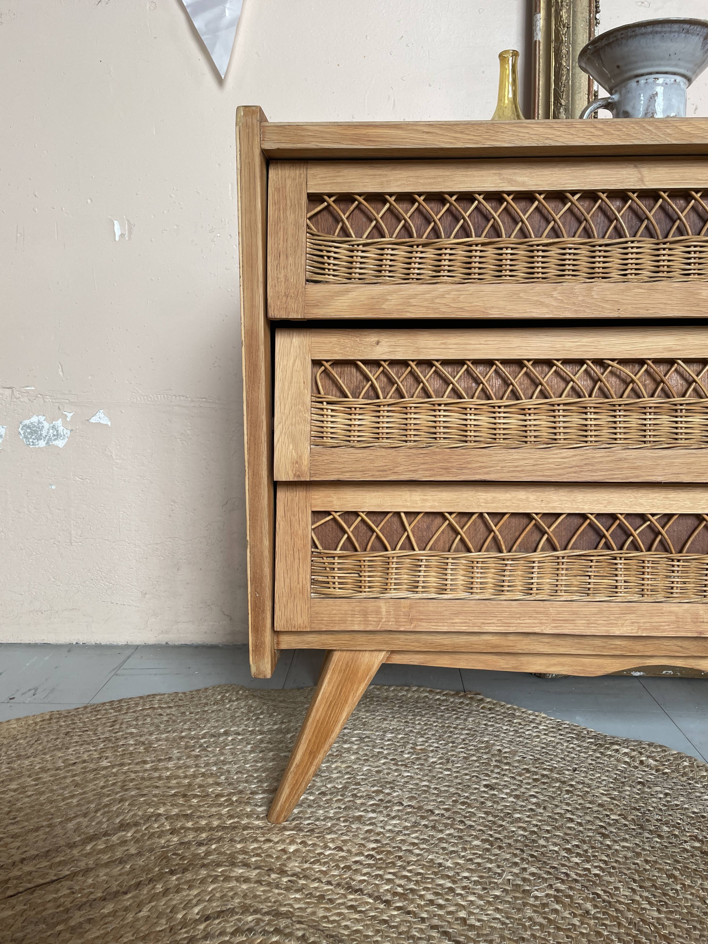 Commode Vintage Bois et Rotin