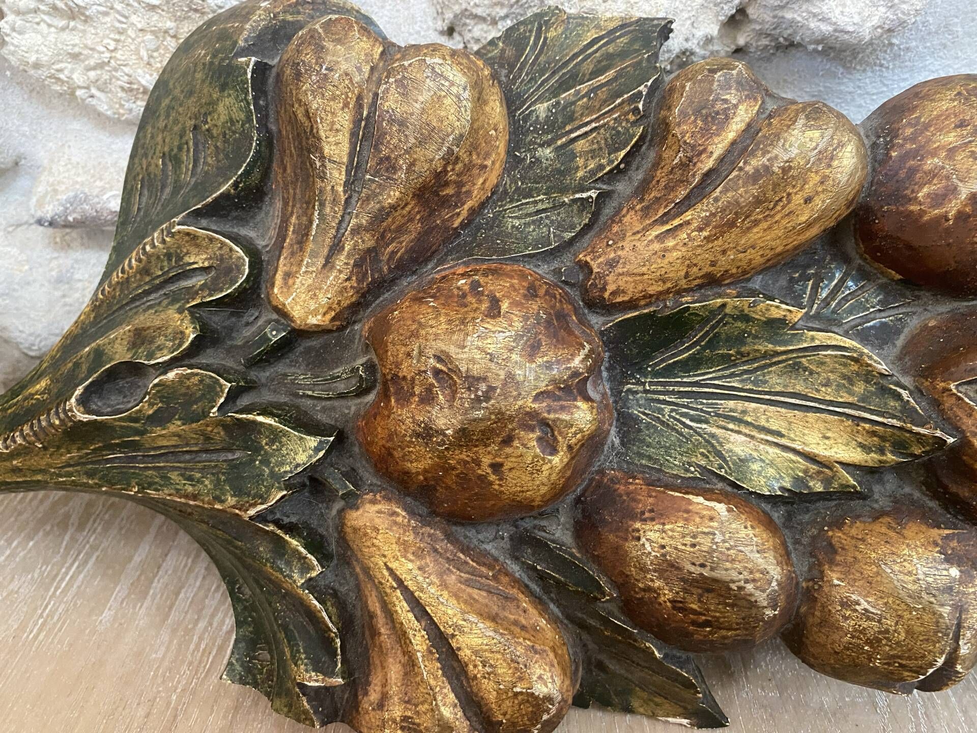 Large wall sculpture in carved gilded wood – fruits and foliage –
