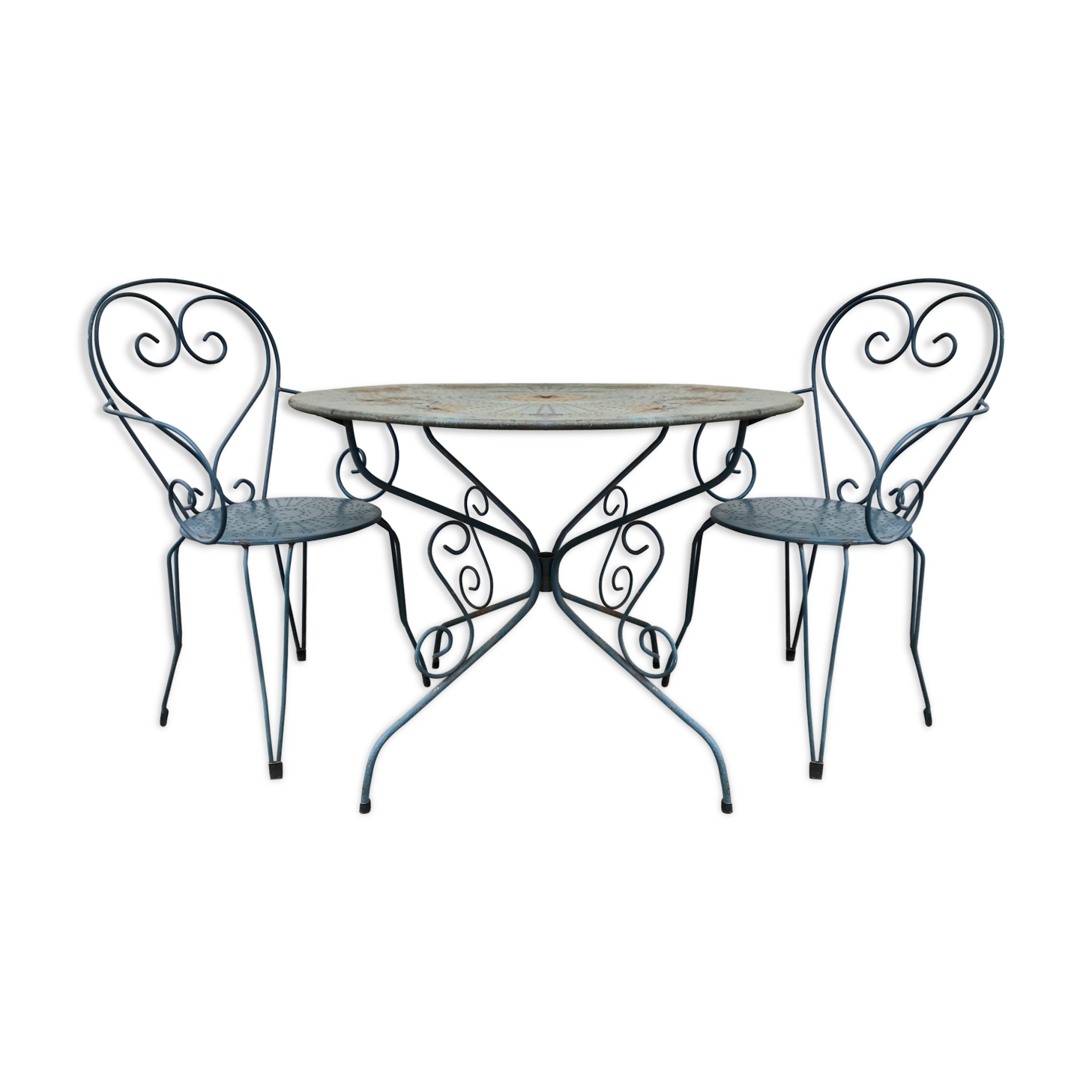 1 Table and 2 wrought iron garden chairs 1950 vintage